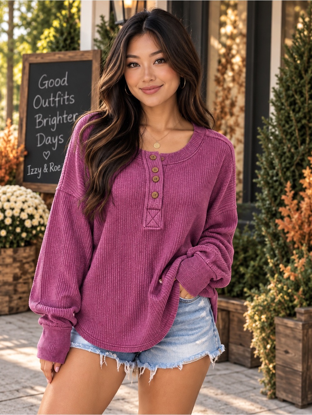 Zenana Ribbed Hacci Henley Pullover- LT Plum 💜